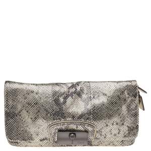 Coach Metallic Silver/Black Python Embossed Leather Flap Clutch