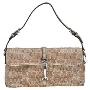 Pre Owned Coach Beige Signature Canvas And Leather Demi Clip Clutch