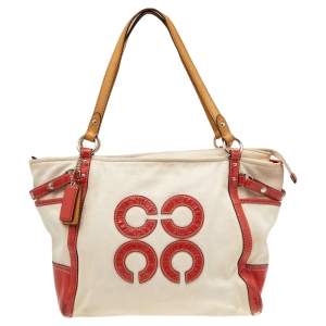 Coach Off White/ Red Canvas And Leather Natalie Tote