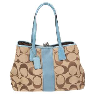Coach Beige/Blue Signature Canvas and Leather Kisslock Framed Carryall Tote