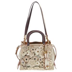 Coach White Leather Tea Rose Applique Rogue 25 Tote