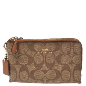 Coach Beige Signature Coated Canvas and Leather Double Zip Wristlet Pouch