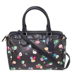 Pre Owned Coach Navy Blue/Black Floral Print Coated Canvas and Leather Mini Bennett Satchel