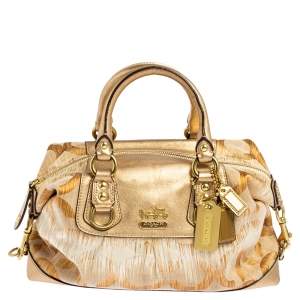 Pre Owned Coach Gold Ombre Signature Op Art Canvas and Leather Madison Sabrina Satchel 