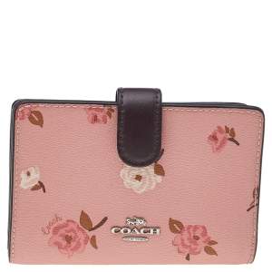 Pre Owned Coach Pink Floral Print Coated Canvas Compact Wallet