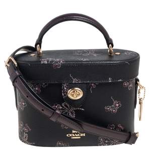 Pre Owned Coach Black Floral Print Leather Vanity Crossbody Bag