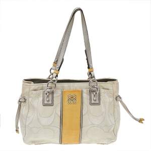 Coach White/Yellow Canvas And Patent Leather Satchel