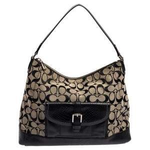 Pre Owned Coach Beige/Black Signature Canvas and Python Embossed Leather Hobo