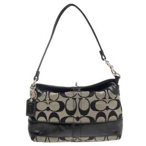 Coach Beige/Black Signature Canvas and Patent Leather Baguette
