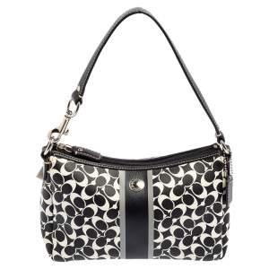 Pre Owned Coach White/Black Signature Leather Baguette 