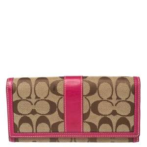 Coach Pink/Beige Signature Canvas and Leather Flap Continental Wallet
