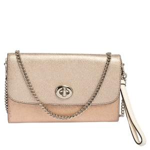 Coach Metallic Rose-Gold, Gold Leather Wallet on Chain 