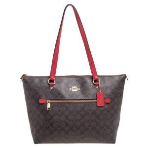 Coach Red/Brown Signature Coated Canvas and Leather Trim Zip Tote