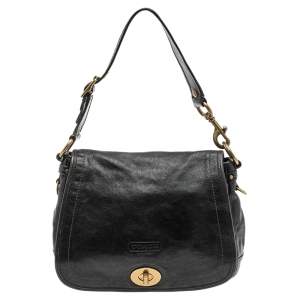 Pre Owned Coach Black Leather Flap Shoulder Bag