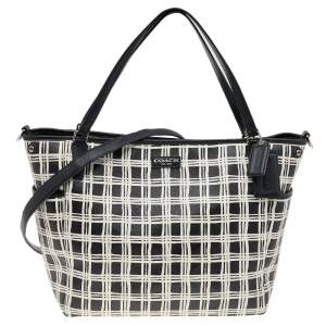 Coach Black/White Leather And Coated Canvas Grid Tote