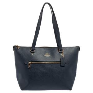 Pre Owned Coach Dark Blue Grainy Leather Gallery Tote
