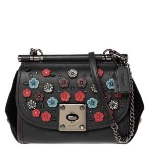 Pre Owned Coach Black Leather and Suede Willow Floral Applique Drifter Shoulder Bag