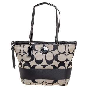 Coach Black/Grey Signature Canvas and Patent Leather Tote