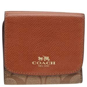 Coach Brown Signature Coated Canvas and Leather Trifold Wallet