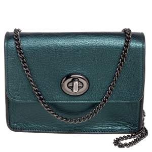 Coach Metallic Green Leather Turnlock Crossbody Bag 