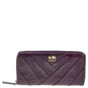 Coach Purple Diagonal Pleated Patent Leather Accordion Zip Around Wallet
