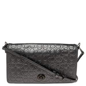 Pre Owned Coach Metallic Grey Leather Dinky Crossbody Bag