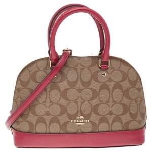 Pre Owned Coach Beige/Red Signature Coated Canvas and Patent Leather Mini Sierra Satchel