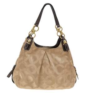 Coach Beige/Brown Signature Op Art Canvas and Leather Maggie Shoulder Bag