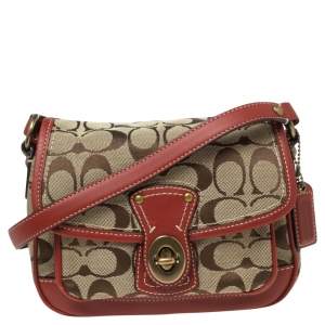 Coach Beige/Red Signature Canvas And Leather Cricket Turnlock Crossbody Bag 