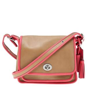 Coach Beige/Pink Leather Flap Shoulder Bag