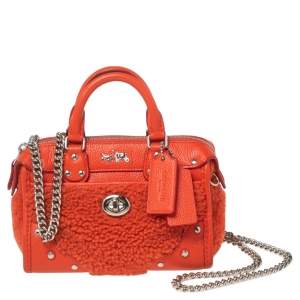 Coach Orange Shearling and Leather Rhyder 18 Satchel