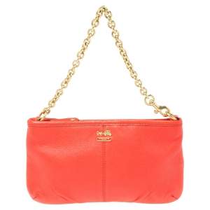 Coach Coral Orange Leather Mini Chain Pochette 