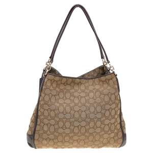 Pre Owned Coach Beige/Brown Signature Canvas And Leather Carlyle Shoulder Bag