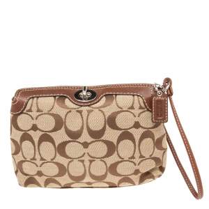 Coach Brown/Beige Signature Canvas and Leather Turnlock Wristlet Pouch