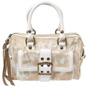 Coach Beige/White Signature Canvas and Leather Buckle Satchel