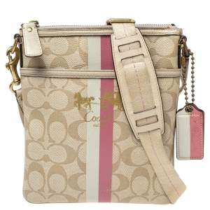 Pre Owned Coach Beige Signature Coated Canvas and Leather Heritage Swingpack Crossbody Bag