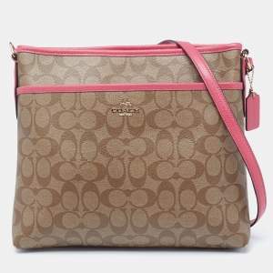 Coach Brown/Pink Signature Coated Canvas And Leather Crossbody Bag