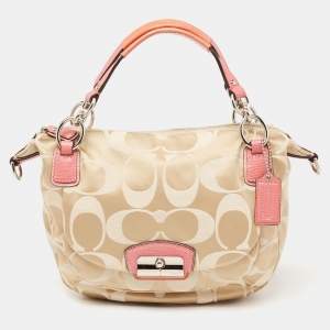 Coach Pink/Beige Signature Fabric and Lizard Embossed Leather Kristin Hobo