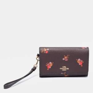Coach Oxblood Red Baby Bouquet Print Leather Flap Phone Wristlet Wallet