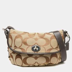 Coach Beige/Dark Brown Signature Canvas and Leather Turnlock Flap Crossbody Bag