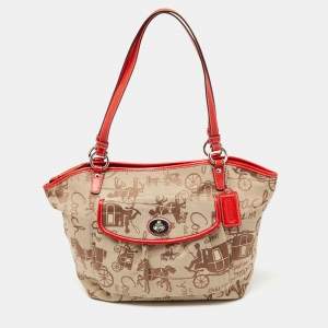 Coach Red/Beige Horse Carriage Print Canvas and Leather Shoulder Bag