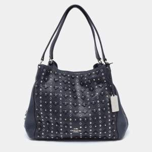Coach Blue Pebbled Floral Rivets Leather Edie 31 Shoulder Bag