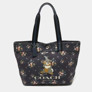 Coach x Disney Navy Blue Rose Bouquet Print and Thumper Canvas Tote