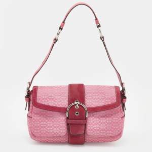 Coach Pink Leather And Signature Canvas Buckle Detail Baguette