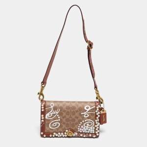 Coach Brown/Beige Signature Coated Canvas and Leather Riley Matty Embellished Shoulder Bag