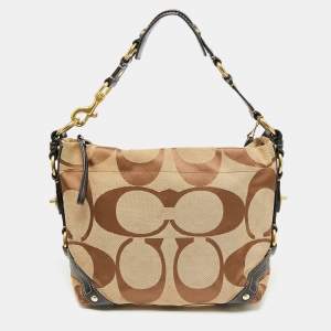 Coach Beige/Dark Brown Signature Canvas and Leather Carly Hobo