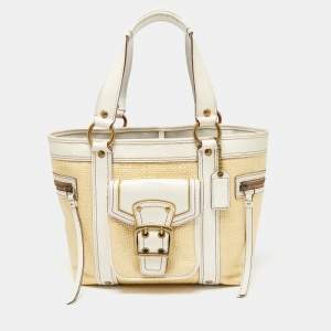 Coach White/Cream Woven Straw and Leather Legacy Buckle Tote