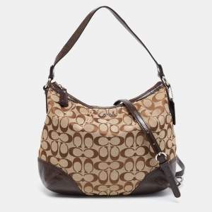 Pre Owned Coach Beige/Brown Signature Canvas and Patent Leather Hobo