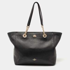 Coach Black Leather Turnlock Chain Tote