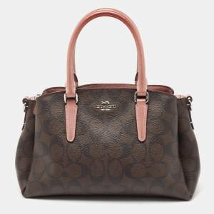 Coach Dark Brown/Pink Signature Coated Canvas and Patent Leather Mini Sage Carryall Satchel
